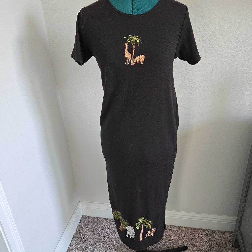 Needle & Threads Womens Petite Small Black Embroidered Midi Dress Safari Tribal